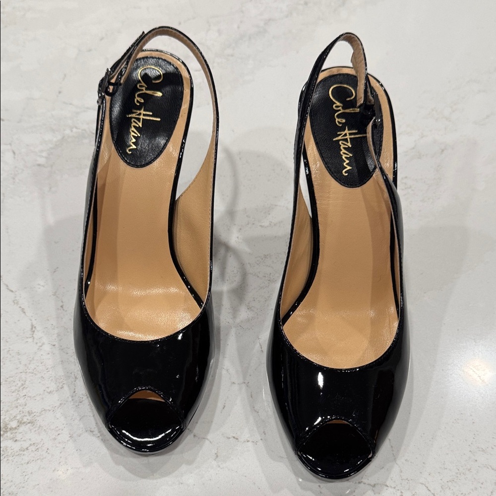 Cole Haan Glossy Black Peep Toe Heels